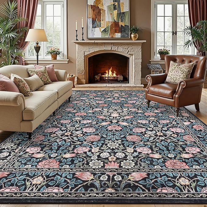 GarveeHome Indigo Blue and Pink Vintage Floral Washable 6x9 Area Rugs for Living Room Boho Retro Rug Low Pile Stain Resistance Non Slip Carpet for Bedroom Nursery Dining Room