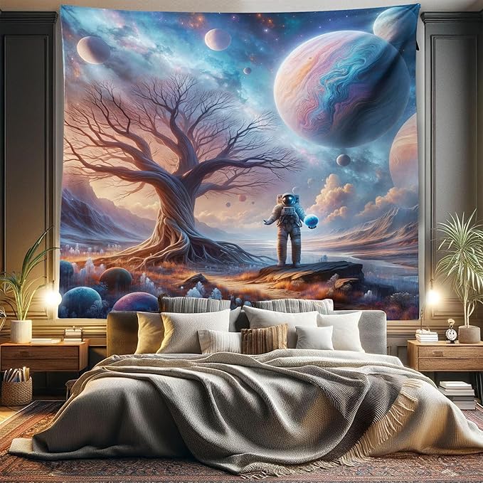 Ambesonne Space Tapestry King Size, Lonely Astronaut in a Surreal Planet Pastel Celestial Forms Dried Tree, Wall Hanging Bedspread Bed Cover Wall Decor, 104" X 88", Blue Pale Orange Mauve