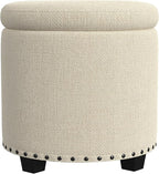HomePop Home Decor | Upholstered Round Storage Ottoman with Nailheads| Ottoman with Storage for Living Room & Bedroom, Cream Woven