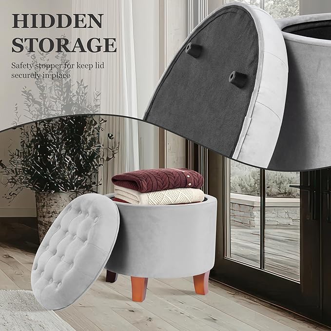 Homepop Home Decor | Upholstered Round Velvet Tufted Foot Rest Ottoman | Ottoman with Storage for Living Room & Bedroom | Decorative Home Furniture, Gray Small