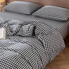 MooMee Gingham Duvet Cover Set 100% Washed Cotton Linen Like Textured Breathable Durable Soft Comfy Modern Checkered Design (Black White Gingham, Twin 68"x90")