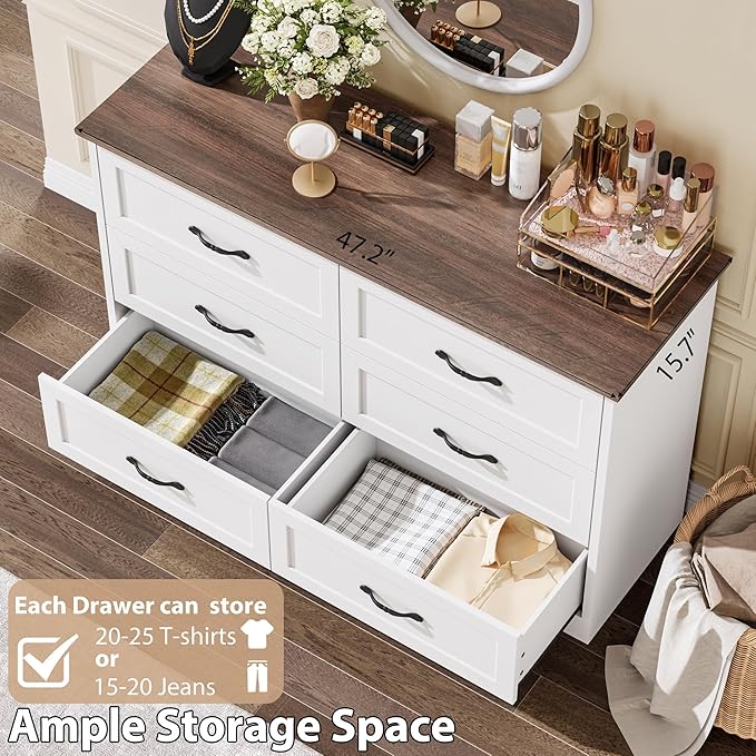 GAOMON Farmhouse 6 Double Drawers Dresser for Bedroom, 47.2''Wide Chest of Drawer, Wooden Horizontal Dresser with Metal Handle and Stable Base, Modern Cabinet for Bedroom, Living Room, White and Brown