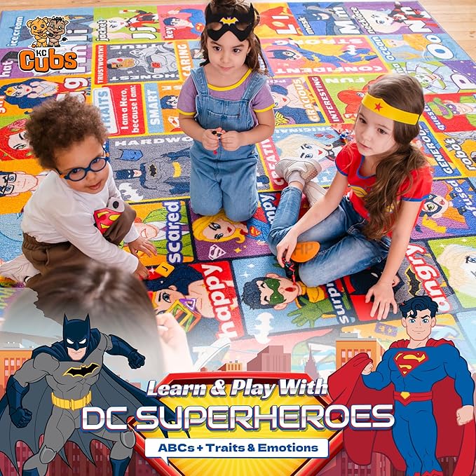 DC Super Friends Educational Kids Rug – ABC Alphabet, Emotions & Hero Traits Learning Mat – Social Skills Classroom, Playroom & Bedroom Carpet 8x10
