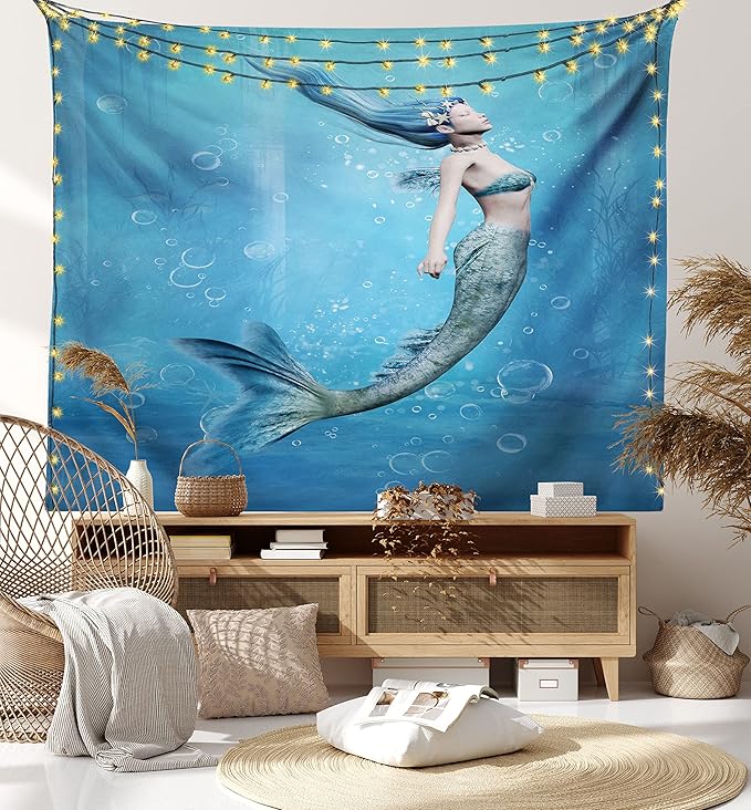 Ambesonne Underwater Tapestry King Size, Mermaid Fishtail Floating Bubbles Mythical Creature Ocean Life Art Print, Wall Hanging Bedspread Bed Cover Wall Decor, 104" X 88", Blue Gray