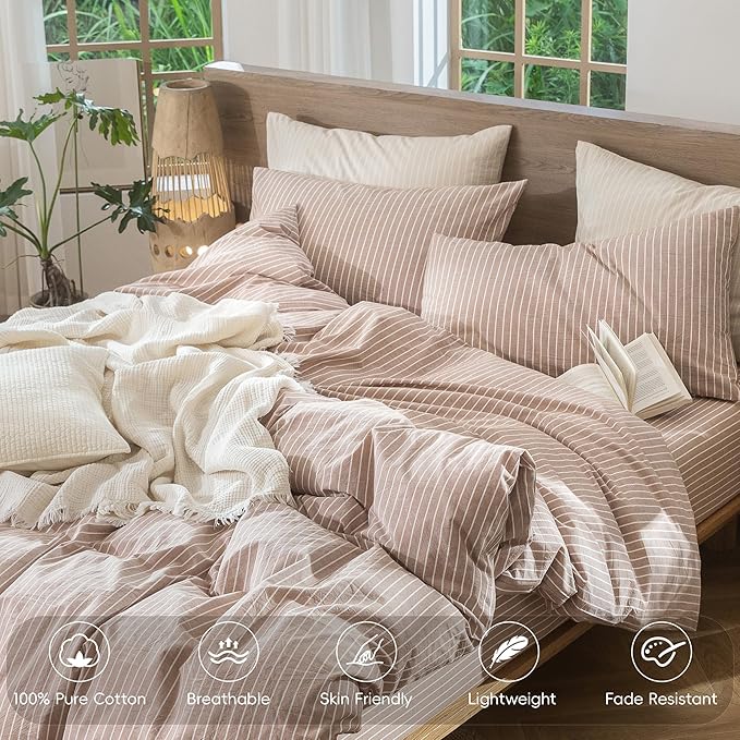 MooMee Striped Duvet Cover Set 100% Washed Cotton Linen Like Textured Breathable Durable Soft Comfy (Orange White Wide Stripes, King 104"x90")