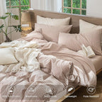 MooMee Striped Duvet Cover Set 100% Washed Cotton Linen Like Textured Breathable Durable Soft Comfy (Orange White Wide Stripes, Palatial King/Oversized King 120"x98")