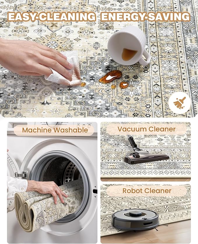 2x5 Rug Runner Washable for Entryway, Soft Bathroom Rugs with Non-Slip Backing,Vintage Low Pile Stair Runner, Small Kitchen Carpet for Hallways, Laundry Room(Beige,2'x5')