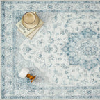 Blue Area Rug 8x10 Washable Vintage Carpet for Living Room Bedroom Large Soft Retro Low Pile Thin Indoor Rug Non Slip Oriental Medallion Floor Cover for Dining Room Office
