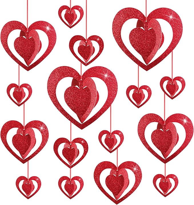Deloky 16 Pcs Valentine's Hearts Hanging Foil Decoration- Wine Red 3D Glitter Heart Garland Ornament- Swirl Heart Ceiling Ornaments for Valentines, Wedding, Engagement, Anniversary Party Decor