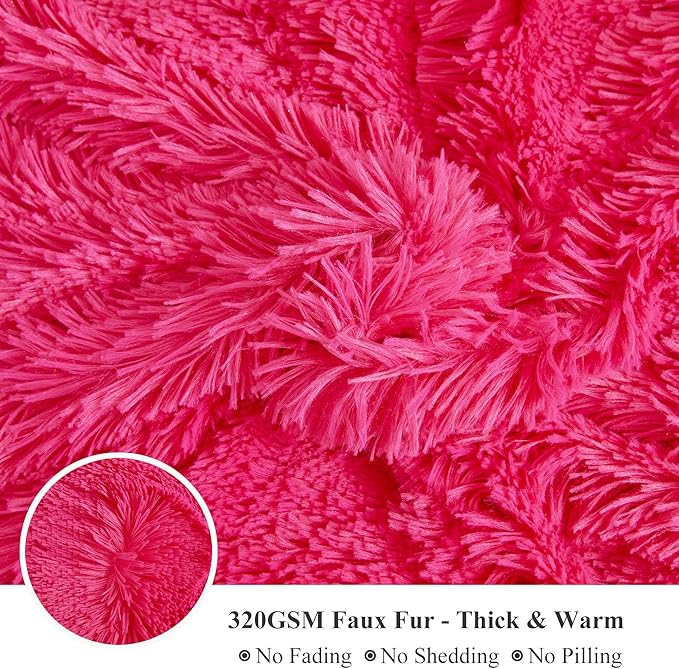 XeGe Plush Shaggy Duvet Cover Set, Luxury Ultra Soft Fluffy Faux Fur Bedding Sets 3 Pieces Velvet(1 Fuzzy Furry Comforter Cover + 2 Faux Fur Pillow Cases), Zipper Closure (Queen, Hot Pink)