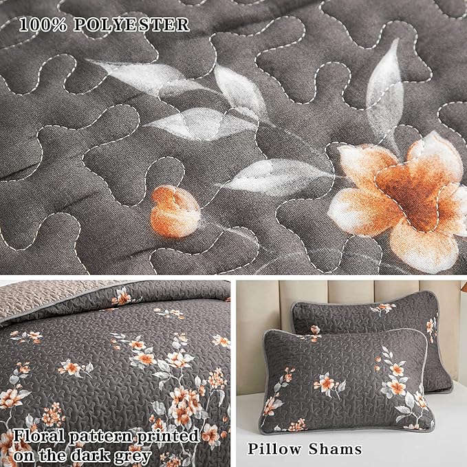 Flysheep 2 Pieces Quilt Set Twin Size, Dark Gray Floral Reversible Bedspread Coverlet Set, Soft Microfiber Lightweight Bed Cover for Kids (68" x 86", 1 Quilt+ 1 Pillow Sham)