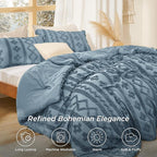 Bedsure Tufted Boho Comforter Set Queen Size - Dusty Blue Boho Bed Set, GentleSoft™ 3 Pieces Farmhouse Shabby Chic Embroidery Bedding, Gifts for Woman, Soft Jacquard Queen Comforter for All Seasons