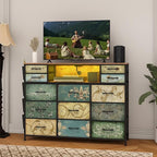 Tohomeor Retro Dresser with Charging Station & LED Light with Boho Fabric Drawers for Bedroom Chest of Drawers TV Stand with Power Outlet Open Shelf Storage (13 Drawers)