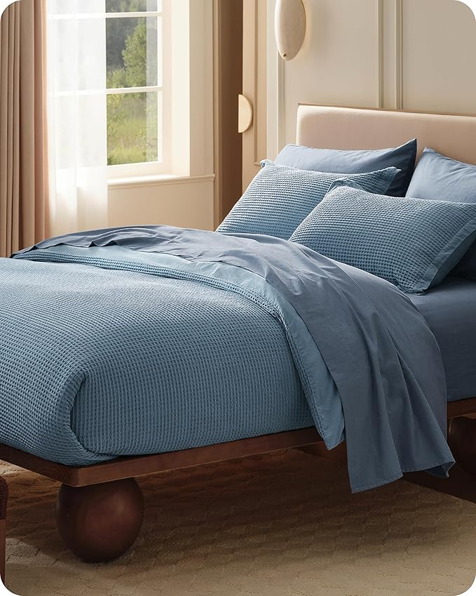 Bedsure Cotton Duvet Cover Queen - 100% Cotton Waffle Weave Grey Blue Duvet Cover Queen Size, GentleSoft™ and Breathable Bedding Set for All Season, 3 Pieces, 90"x90"