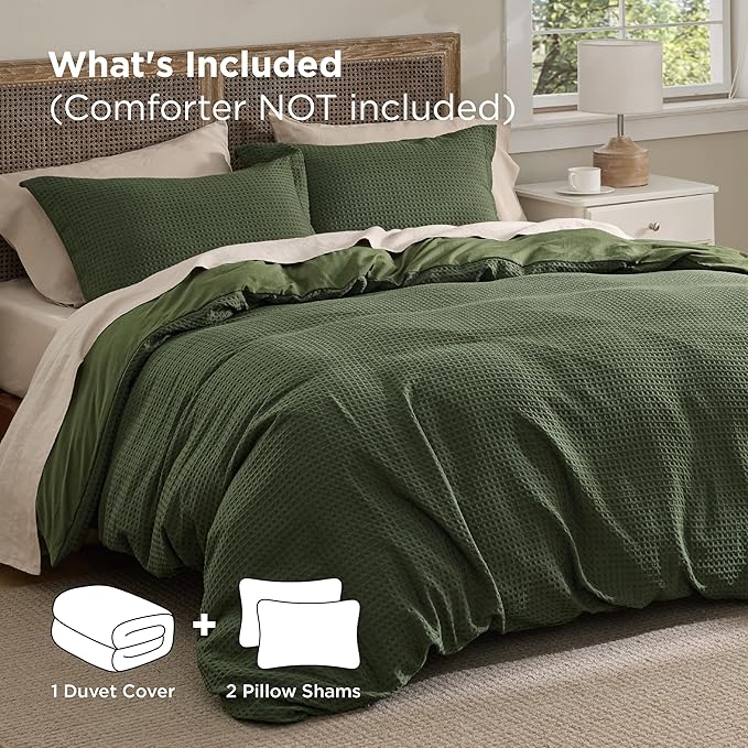 Bedsure Luxury Waffle Duvet Cover King Size - Textured Duvet Cover Set, Soft, Breathable Bedding Set (104"x90") with 2 Pillow Shams for All Season, Olive Green, Comforter Not Included