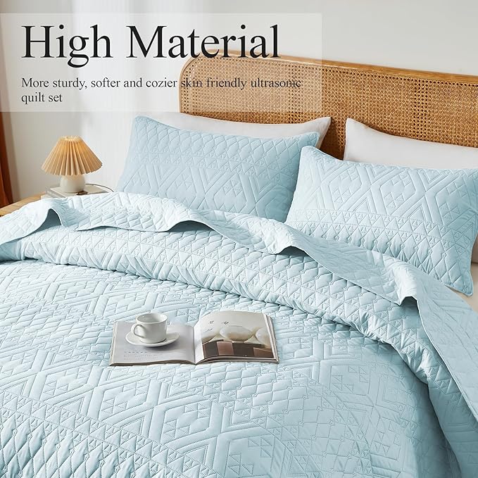 akkialla Twin Size Quilt Bedding Set,Sky Blue Lightweight Microfiber Soft Bedspreads,Modern Style Geoetric Pattern Coverlet Set for All Seasons,2 Piece(1 Quilt,1Pillow Sham)