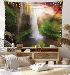 Ambesonne Waterfall Tapestry King Size, Waterfalls at Sunset Sky in Iceland Scenic Spring Rural Wildlife Art Image, Wall Hanging Bedspread Bed Cover Wall Decor, 104" X 88", Green Orange