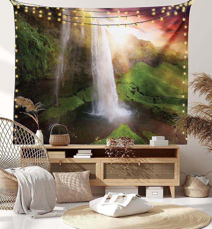 Ambesonne Waterfall Tapestry King Size, Waterfalls at Sunset Sky in Iceland Scenic Spring Rural Wildlife Art Image, Wall Hanging Bedspread Bed Cover Wall Decor, 104" X 88", Green Orange