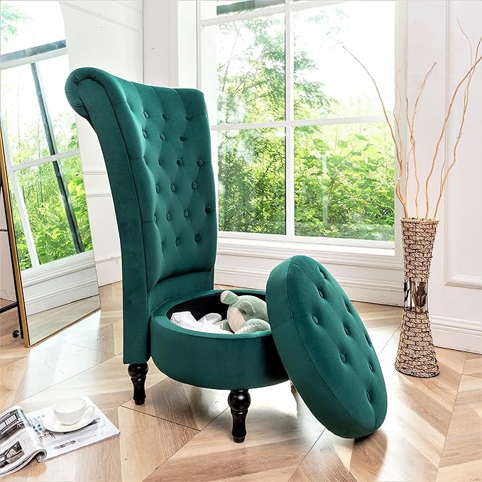 Royal High-Back Velvet Accent Chair for Vanity with Storage and Luxurious Upholstery, Retro Design and Versatile Usage for Living Room, Bedroom, Lounge and Office, Green