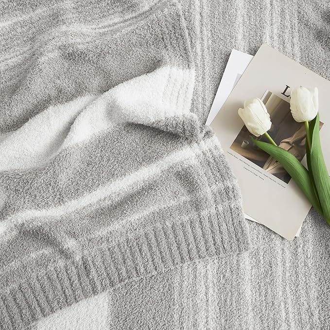 WRENGONGE Light Grey Throw Blanket, 50x70 Soft Cozy Striped Throw Blankets for Couch, Sofa, Bed, Travel, Lightweight Fluffy Warm Plush Decorative Blankets for Women, Men Gift