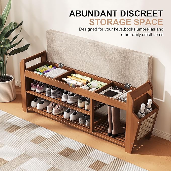 39.4" Bamboo Shoe Rack Bench, 3-Tier Entryway Bench with Thick Cushion, Flip-Top & Side Storage, Holds Up to 550 LBS for Hallway, Living Room, Bedroom