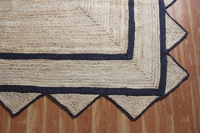 Scalloped Edge Rug, Hand Woven Natural Jute Area Rug, 4x8 Ft Beige & Black Braided Sisal Kilim Rugs for Living Room, Kitchen, Entryway, Farmhouse