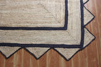Scalloped Edge Rug, Hand Woven Natural Jute Area Rug, 11x11 Ft Square Beige & Black Braided Kilim Rugs for Living Room, Kitchen, Entryway, Farmhouse