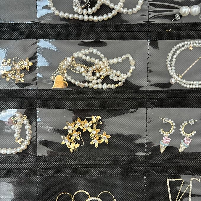 1 Pack Hanging Jewelry Organizer 80-Pocket Dual-sided Jewelry Storage for Earring Necklace Bracelet Ring Travel Holder, Black and Beige