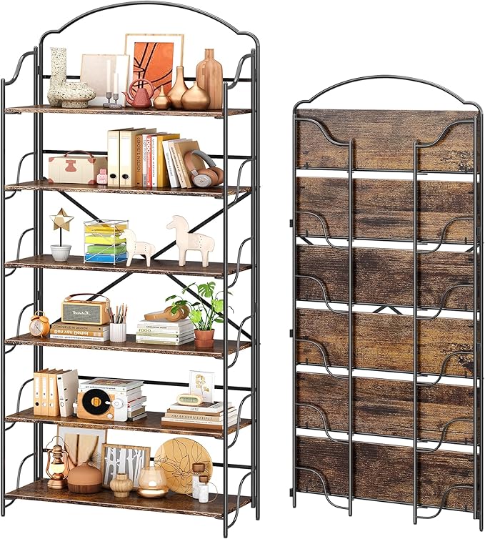 4NM No Assembly Extra Wide Folding Bookshelf for Living Room, 6 Tiers Collapsible Book Shelves Open Industrial Foldable Bookcase Storage Shelf for Home Office - Rustic Brown Black