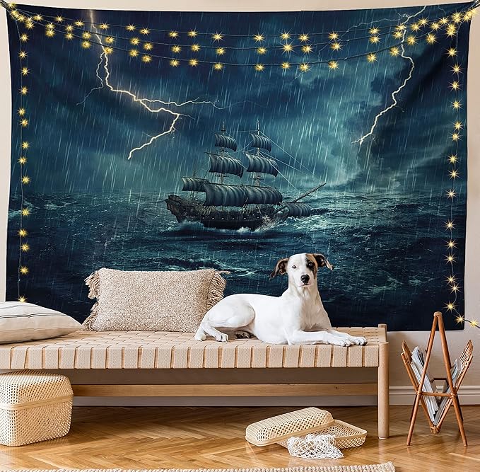 Ambesonne Landscape Tapestry King Size, Stormy and Rainy Weather Waves Vintage Ship Sailing Oil Paint, Wall Hanging Bedspread Bed Cover Wall Decor, 104" X 88", Dark Cadet Blue White