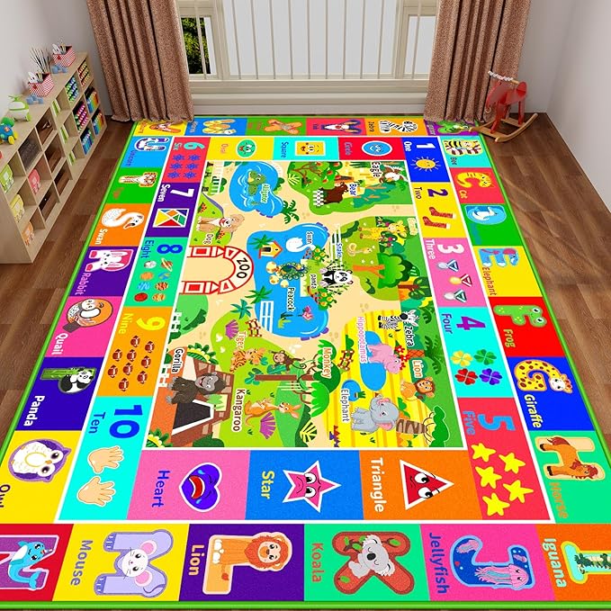 Kids Rug for Playroom, Soft & Non-Slip Educational Rug with ABC, Animals, Numbers, Floor Play Mat for Kid, Preschool Classroom Rugs Playmat for Toddler Nursery Kids (110.2X78.7 inch, Zoo)