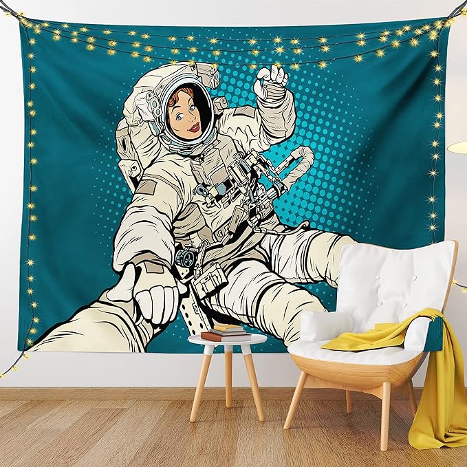 Ambesonne Outer Space Tapestry, Woman Astronaut Hands with Her Better Half Pop Art Style Comic Graphic, Fabric Wall Hanging Decor for Bedroom Living Room Dorm, 28" X 23", Beige Blue