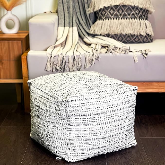 Chardin home Unstuffed Ottoman, Cozy & Bohemian Pouf Covers, Hand Crafted Casual Seating, Footrest, Square Floor Pillow for Home, Office, Bedroom, Living Room, 16.5" x 16.5"x 12.9", Black-Off White