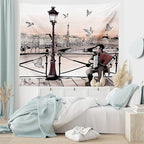Ambesonne Music Tapestry King Size, Accordionist Playing Paris Street Urban European Famous City Panorama Graphic Scene, Wall Hanging Bedspread Bed Cover Wall Decor, 104" X 88", Peach Brown