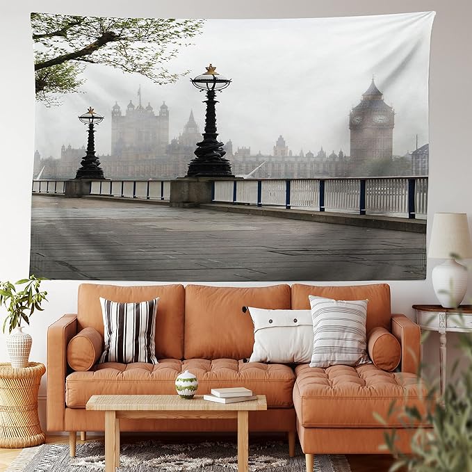 Ambesonne London Tapestry King Size, Big Ben View from the Street Palace of Westminster Touristic Britain, Wall Hanging Bedspread Bed Cover Wall Decor, 104" X 88", Off White Brown