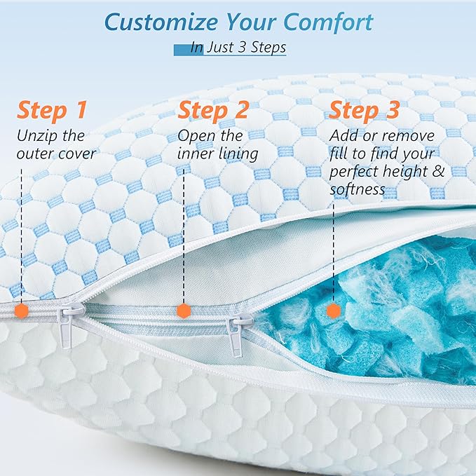 Cooling Firm Bed Pillows Set of 2, Shredded Memory Foam Pillows for Sleeping Luxury Gel Pillows for Side Back Stomach Sleepers with Removable Washable Cover(Blue, Standard)
