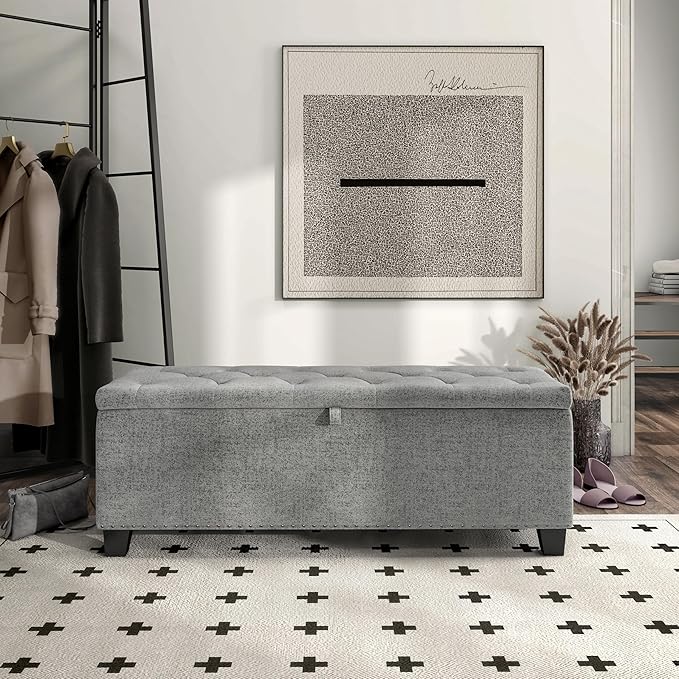 24/7 Shop at Home Sacallant Modern Linen Storage Bench with Button-Tufted Lift-Top, Upholstered Footstool, Rectangular Ottoman for Living Room, Bedroom, Entryway, Grey