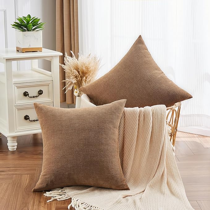 GAWAMAY Decorative Square Throw Pillow Covers 22x22 Inch Set of 2, Super Soft Chenille Pillows Farmhouse Fall Pillowcase for Living Room Bedroom Sofa Couch Cushion Cover Brown 55x55cm (No Inserts)