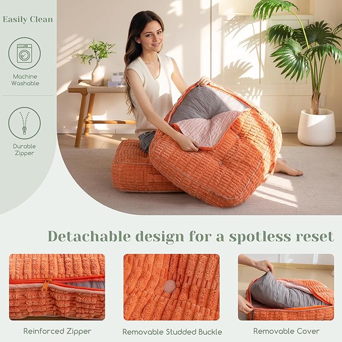 8" Washable Floor Pillow Cushion for Adults, Meditation Cushion Pillow, Removable Tufted Blended Corduroy Cover, Large Square Floor Sitting for Tatami Living Room or Yoga, 22x22 Inch, Machine Washable