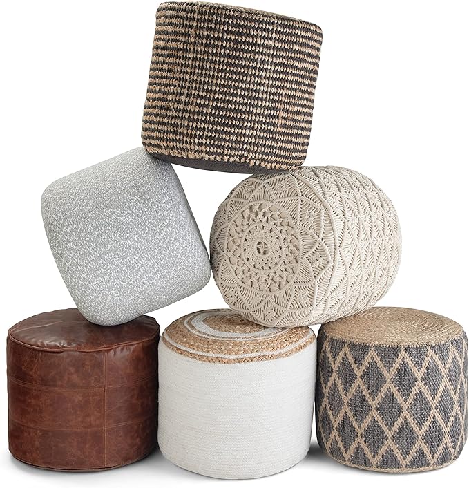 SIMPLIHOME Edgeley Round Pouf - 18 inch Wide Handwoven Jute and Cotton Ottoman in Grey and Natural, Boho-Style Footstool or Extra Seating for Living Room, Bedroom, or Kids Room, Assembled