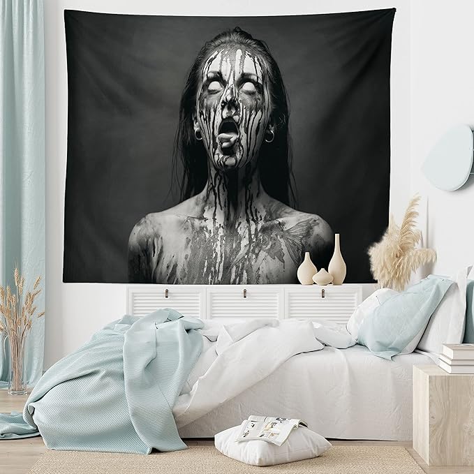 Ambesonne Zombie Tapestry, Unusual Scream Monster Woman with Empty Eyes Looking up Horror Picture Design, Wide Wall Hanging for Bedroom Living Room Dorm, 60" X 40", Black and White