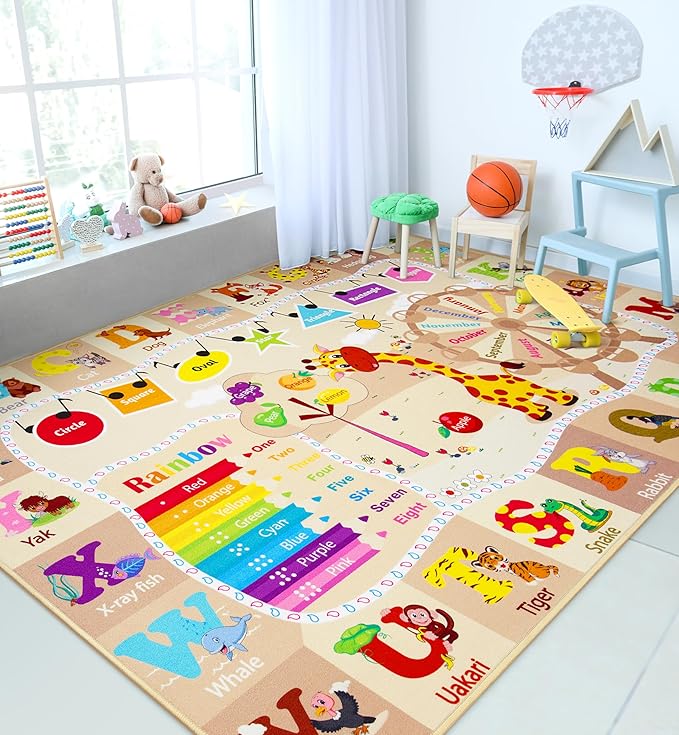 Chicrug Educational Kid Area Rug for Playroom, 9x12 Feet TPR Non Slip Kids Classroom Carpet Rug for Learning ABC Animal Shape Color Fruit, Washable Play Mat Rug for Children Nursery Toddler Room Decor