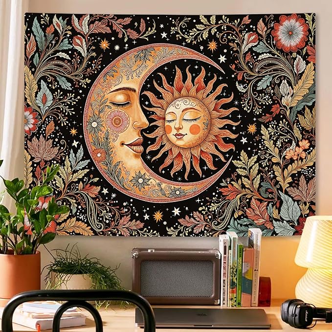 Accnicc Vintage Sun and Moon Tapestry Boho Hippie Floral Wall Tapestry for Bedroom Aesthetic Brown Celestial Spiritual Botanical Plant Small Tapestries Wall Hanging for Living Room Dorm 60 x 44 Inch