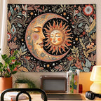 Accnicc Vintage Sun and Moon Tapestry Boho Hippie Floral Wall Tapestry for Bedroom Aesthetic Brown Celestial Spiritual Botanical Plant Small Tapestries Wall Hanging for Living Room Dorm 48 x 36 Inch