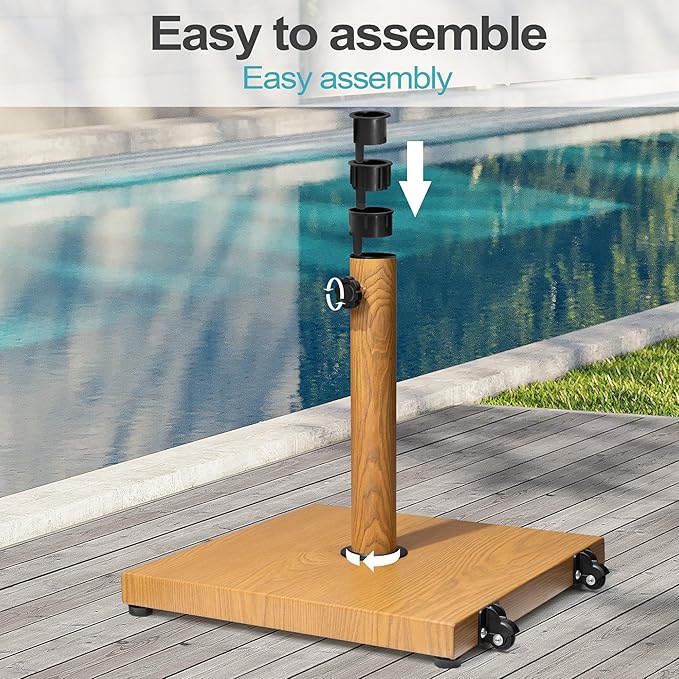 Patio Umbrella Base 43lbs Outdoor Umbrella Stand with Wheels, Heavy Duty Square Concrete Stand Market Umbrella, Teak