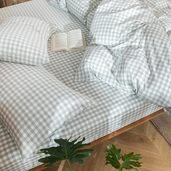 MooMee Gingham Duvet Cover Set 100% Washed Cotton Linen Like Textured Breathable Durable Soft Comfy Modern Checkered Design (Northern Droplet Grey Gingham, Palatial King/Oversized King 120"x98")