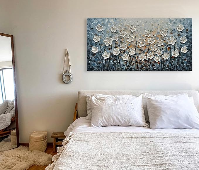 White Flower Canvas Wall Art Painting Hand-Painted Contemporary Art Works Living Room, Bedroom, Dining Room Wall Decoration 24x48 Inch