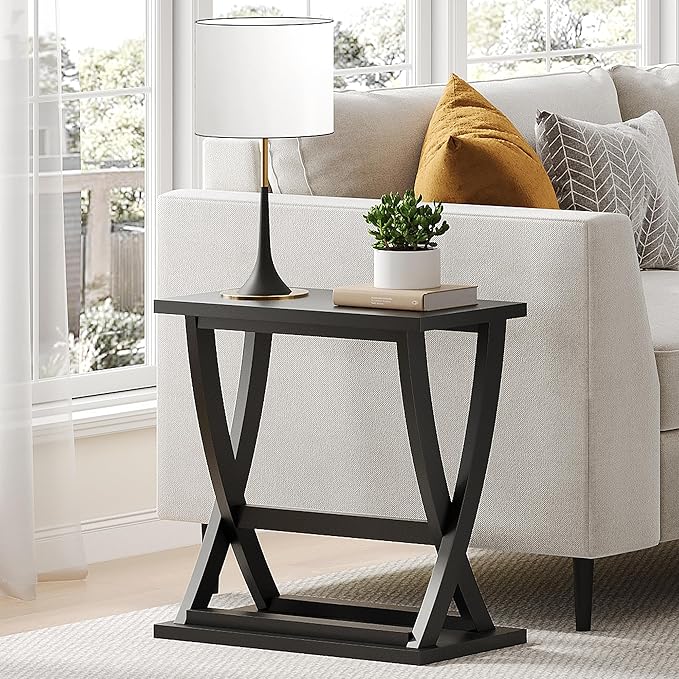 ChooChoo Black End Tables Set of 2, Narrow Side Table with Storage Shelf, Modern X-Design Slim Bedside Tables for Living Room, Bedroom, Small Spaces
