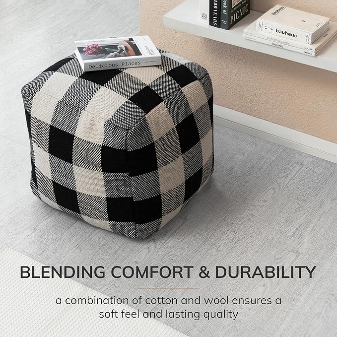 Anji Mountain Artisan Crafted Cotton Blend Pouf Ottoman | Versatile Floor Seating & Footstool for Living Room | Modern Boho Home Décor Accent | Filled Pouffe