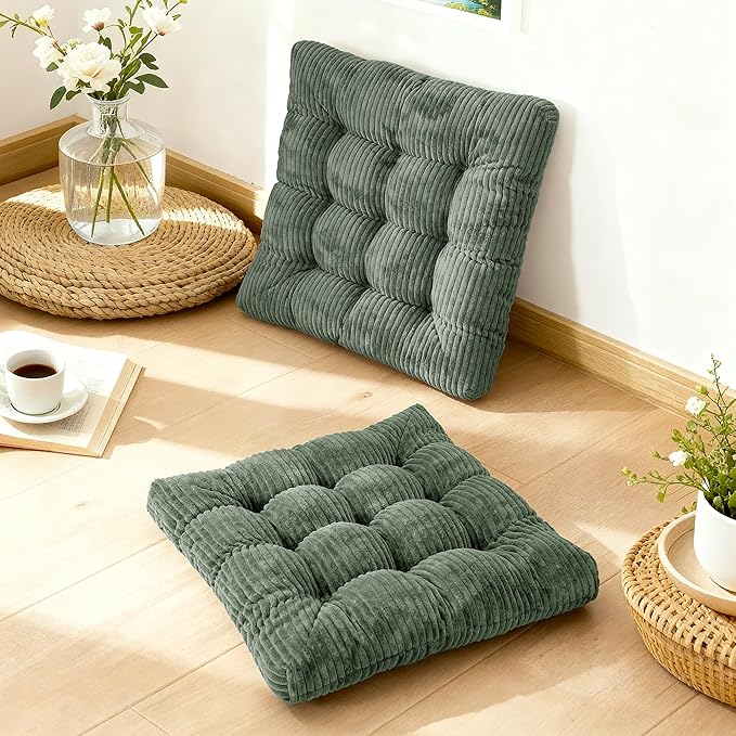 Meditation Floor Pillow Set of 2,Memory Foam Meditation Cushion for Adults Sitting, Large Square Thickened Seat Cushions for Yoga, Tatami Living Room (2, Dark Green)